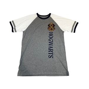 Harry Potter Hogwarts Crest Raglan T-Shirt Women's Size L Gray White Blue‎